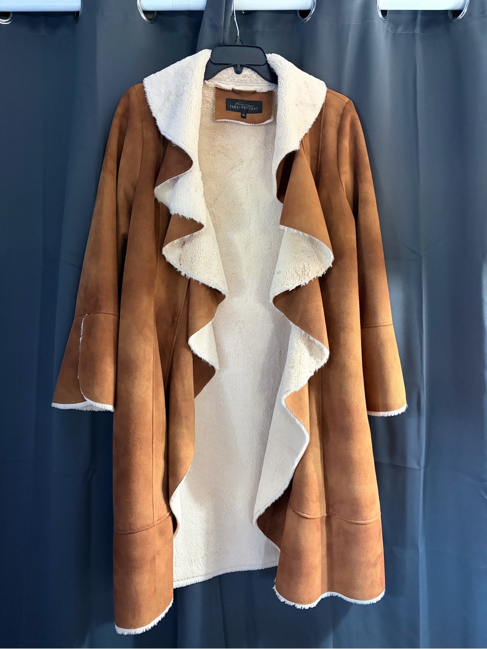 Fabulous Furs Brown Faux Suede Trench with Cream Sherpa Lining